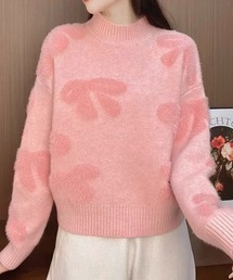 リボン柄モックネックニット