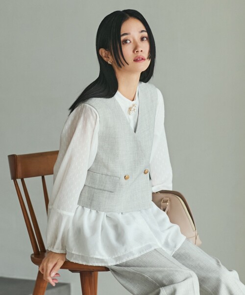 THE SHOP TK (ザ ショップ ティーケー )の「◆【セットアップ可/ONOFF活躍】カルゼショートジレ/洗える(ベスト・レディース・ナチュラル/ネイビー・12/13)」の5枚目の写真