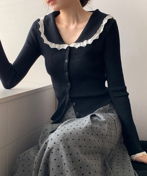 Vipoa(ヴィポア)の「lace tight knit tops(ニット/セーター・レディース・アイボリー/ブラック/グレー/ピンク/レッド・FREE)」の14枚目の写真