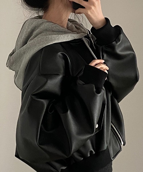 gossip!ロサンゼルス(ゴシップロサンゼルス)の「YUGA フェイクツーピース 合成皮革ジャケット(ブルゾン・レディース・ブラック・FREE)」の9枚目の写真