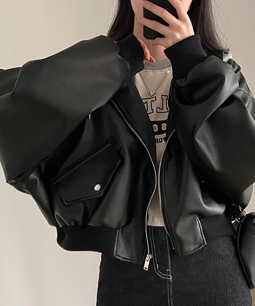 gossip!ロサンゼルス(ゴシップロサンゼルス)の「YUGA フェイクツーピース 合成皮革ジャケット(ブルゾン・レディース・ブラック・FREE)」の5枚目の写真