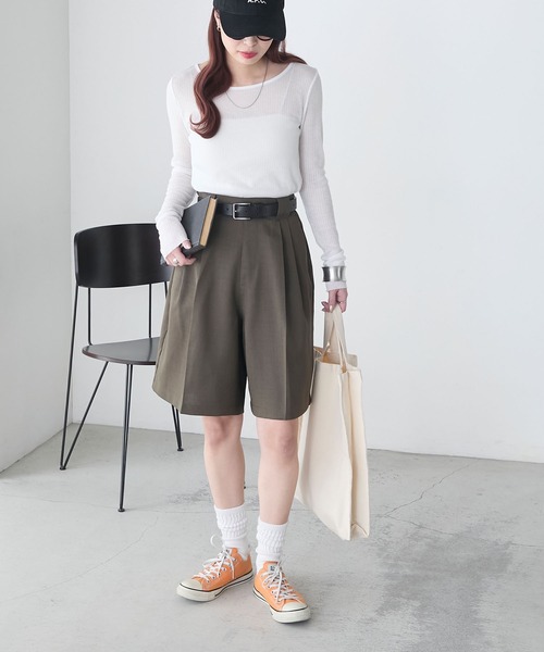 BONLECILL(ボンルシール)の「【セットアップ対応】フェイクリネン Wタックショートパンツ(その他パンツ・レディース・チャコールグレー/ブラック/アイボリー/ブラウン/ベージュ・M/L)」の15枚目の写真