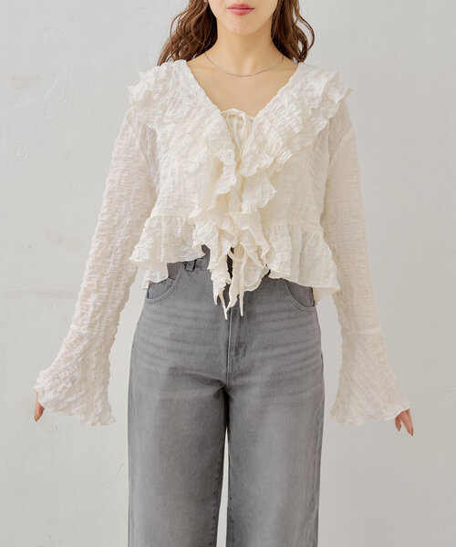 りこ❣️ セール】フリルデザインフロントリボンブラウス（シャツ/ブラウス