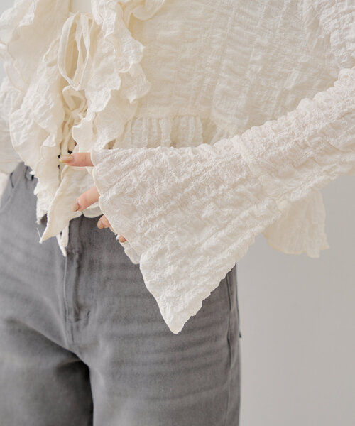 セール】フリルデザインフロントリボンブラウス（シャツ/ブラウス