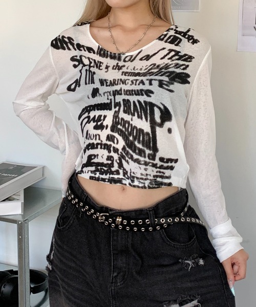 lilful（リルフル）の「クロップド丈 グラフィックプリント シアートップス（Tシャツ/カットソー・レディース・ホワイト・S/M/L）」の14枚目の写真