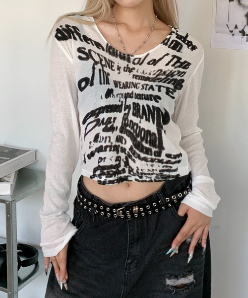 lilful（リルフル）の「クロップド丈 グラフィックプリント シアートップス（Tシャツ/カットソー・レディース・ホワイト・S/M/L）」の16枚目の写真