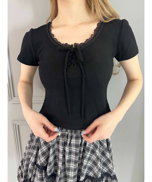 PHILLY(フィリー)の「【PHILLY】ミニレースアップTシャツ(Tシャツ/カットソー・レディース・グレー/ホワイト/ブラック・FREE)」の10枚目の写真