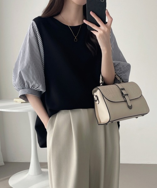 ABITOKYO(アビトーキョー)の「異素材ボリュウーム袖切替プルオーバー(Tシャツ/カットソー・レディース・ネイビー/ブラック/ブラック系その他・M/L/XL)」の1枚目の写真