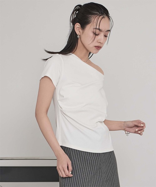tシャツ ドレープデザインリブトップス/ホワイト レディース amel tシャツ ドレープデザインリブトップス/ホワイト