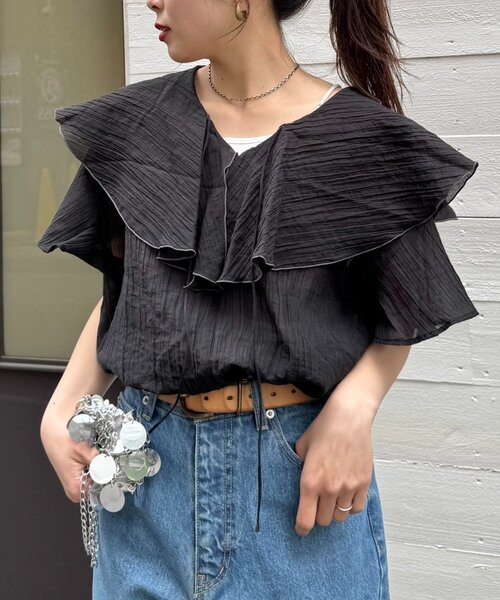 CIAOPANIC TYPY（チャオパニックティピー）の「シアーラッフル襟ブラウス（シャツ/ブラウス・レディース・ブラック/ホワイト/ピンク/イエロー・ONE SIZE）」の9枚目の写真