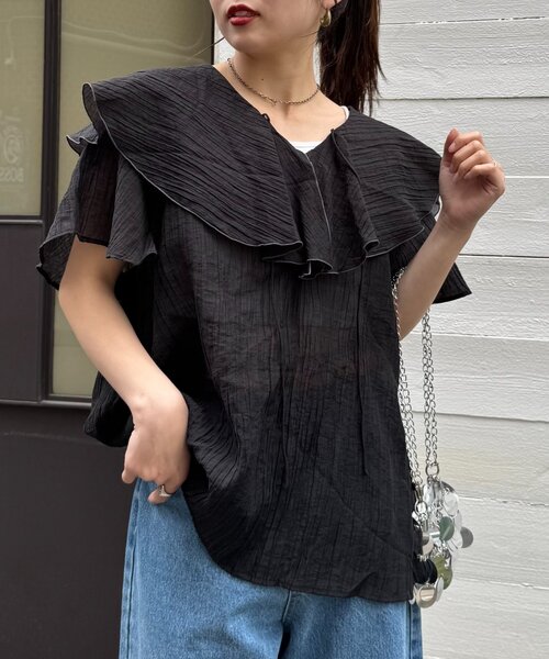 CIAOPANIC TYPY（チャオパニックティピー）の「シアーラッフル襟ブラウス（シャツ/ブラウス・レディース・ブラック/ホワイト/ピンク/イエロー・ONE SIZE）」の10枚目の写真