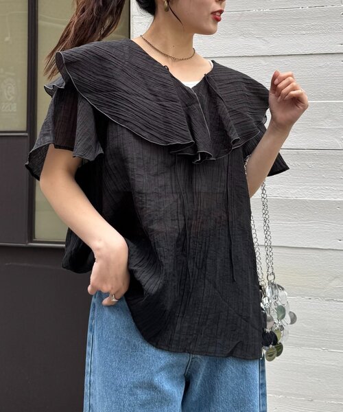 CIAOPANIC TYPY（チャオパニックティピー）の「シアーラッフル襟ブラウス（シャツ/ブラウス・レディース・ブラック/ホワイト/ピンク/イエロー・ONE SIZE）」の11枚目の写真