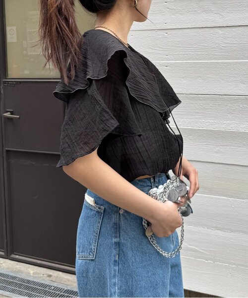 CIAOPANIC TYPY（チャオパニックティピー）の「シアーラッフル襟ブラウス（シャツ/ブラウス・レディース・ブラック/ホワイト/ピンク/イエロー・ONE SIZE）」の14枚目の写真