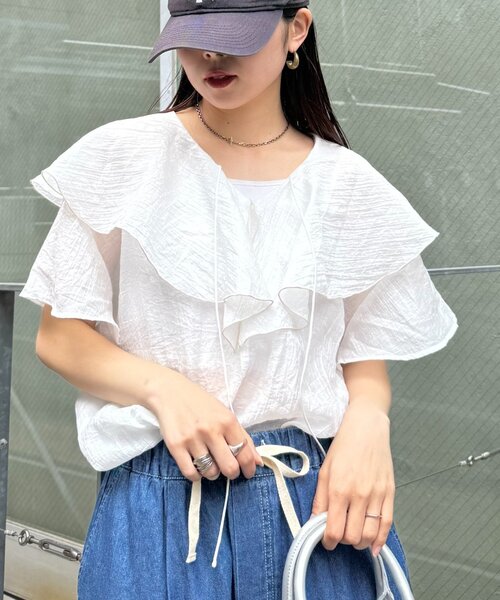 CIAOPANIC TYPY（チャオパニックティピー）の「シアーラッフル襟ブラウス（シャツ/ブラウス・レディース・ブラック/ホワイト/ピンク/イエロー・ONE SIZE）」の18枚目の写真