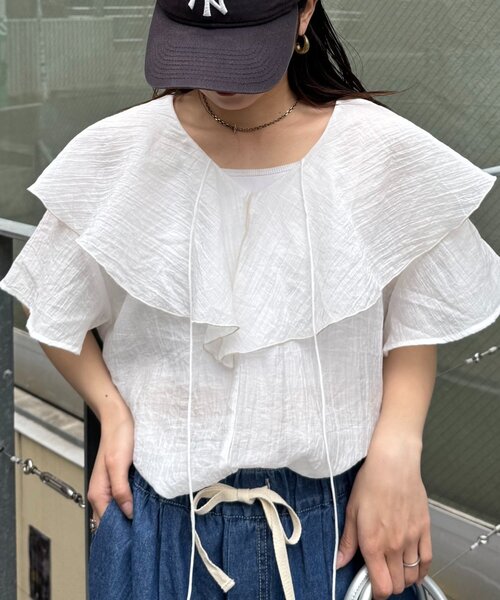 CIAOPANIC TYPY（チャオパニックティピー）の「シアーラッフル襟ブラウス（シャツ/ブラウス・レディース・ブラック/ホワイト/ピンク/イエロー・ONE SIZE）」の19枚目の写真