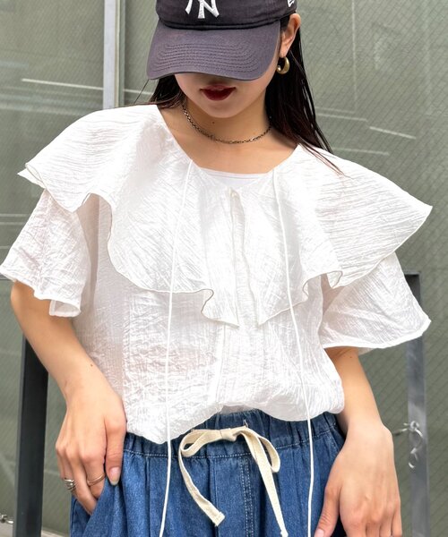 CIAOPANIC TYPY（チャオパニックティピー）の「シアーラッフル襟ブラウス（シャツ/ブラウス・レディース・ブラック/ホワイト/ピンク/イエロー・ONE SIZE）」の20枚目の写真