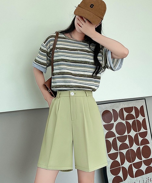 DAY CLOSET（デイ クローゼット）の「【大きいサイズ有】ゆったり大人っぽstyle。ダブルタックハーフパンツ レディース（その他パンツ・レディース・ブラウン/グレー/ブラック/サックスブルー/グリーン/キナリ/ネイビー・S/M/L/2XL/XL）」の22枚目の写真