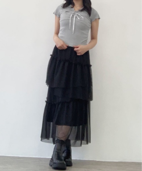 kirakiraShop(キラキラショップ)の「フロント リボン ギャザー デザイン Tシャツ(ニット/セーター・レディース・ベージュ/ホワイト/ピンク/グレー/ブルー・FREE)」の12枚目の写真