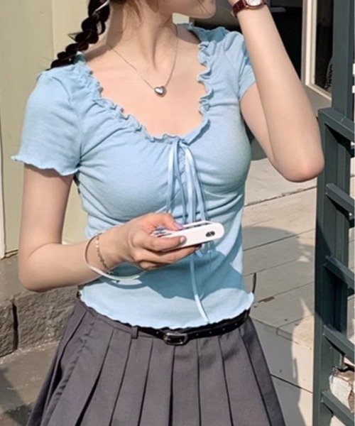 kirakiraShop(キラキラショップ)の「フロント リボン ギャザー デザイン Tシャツ(ニット/セーター・レディース・ベージュ/ホワイト/ピンク/グレー/ブルー・FREE)」の17枚目の写真
