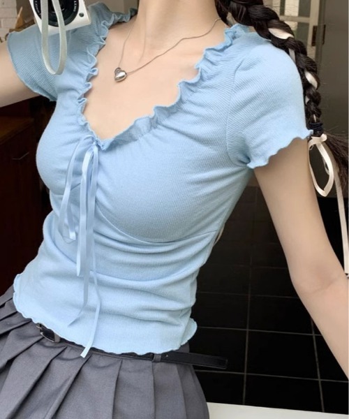 kirakiraShop(キラキラショップ)の「フロント リボン ギャザー デザイン Tシャツ(ニット/セーター・レディース・ベージュ/ホワイト/ピンク/グレー/ブルー・FREE)」の18枚目の写真
