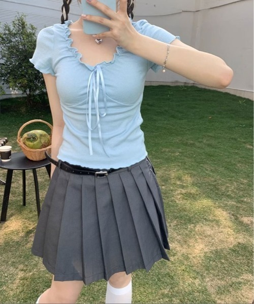 kirakiraShop(キラキラショップ)の「フロント リボン ギャザー デザイン Tシャツ(ニット/セーター・レディース・ベージュ/ホワイト/ピンク/グレー/ブルー・FREE)」の20枚目の写真