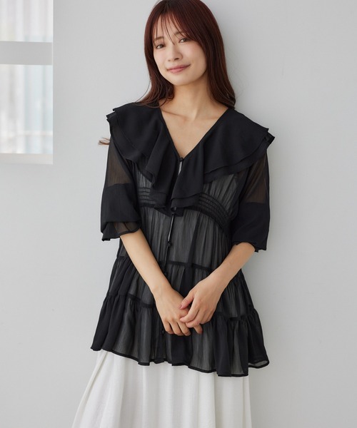 mysty woman（ミスティウーマン）の「【WEB限定カラー有】楊柳ティアードフリルブラウス 572873（シャツ/ブラウス・レディース・オフホワイト/ブラック/ライトピンク/ライトグレー・FREE）」の8枚目の写真