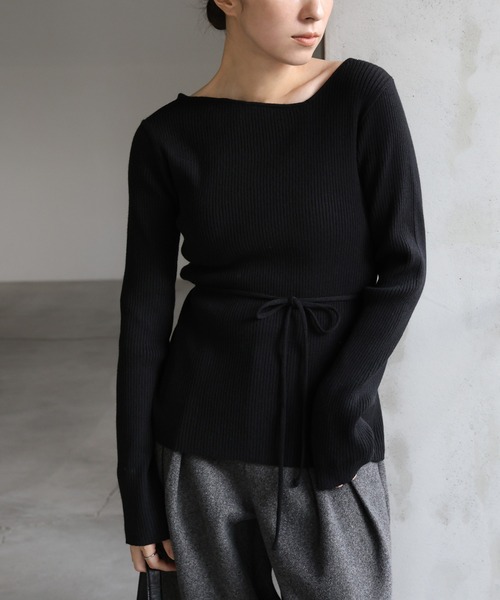 select MOCA（セレクトモカ）の「アシメネックウエストリボンニット（ニット/セーター・レディース・ブラック/グレー/アイボリー・FREE）」の3枚目の写真