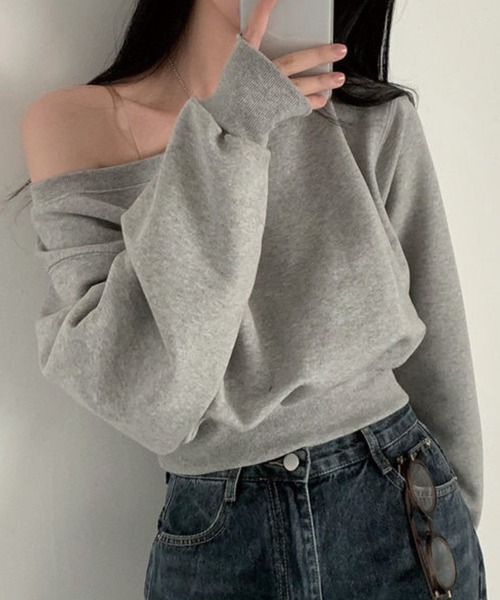 新品　T. japan sweat cropped tops スウェット　グレー セール】【トレンドのクロップド丈がカワイイ♪】片方オフショルダー