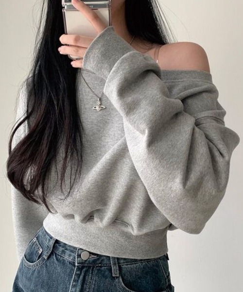 セール】【トレンドのクロップド丈がカワイイ♪】片方オフショルダー