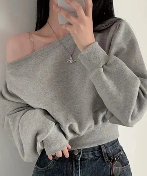 セール】【トレンドのクロップド丈がカワイイ♪】片方オフショルダー