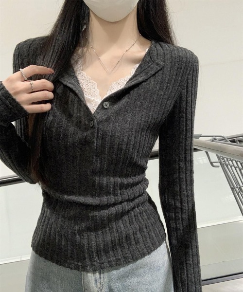 Miniministore(ミニミニストア)の「レース付リブニットトップス Vネック長袖(Tシャツ/カットソー・レディース・チャコールグレー・XL/M/L)」の5枚目の写真