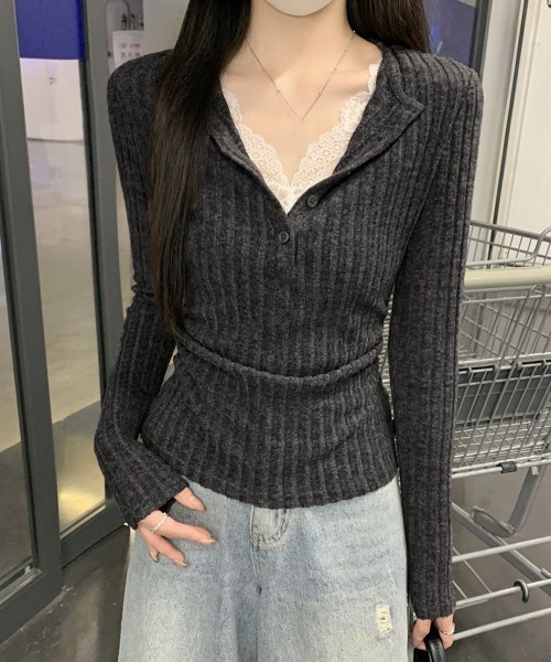 Miniministore(ミニミニストア)の「レース付リブニットトップス Vネック長袖(Tシャツ/カットソー・レディース・チャコールグレー・XL/M/L)」の7枚目の写真