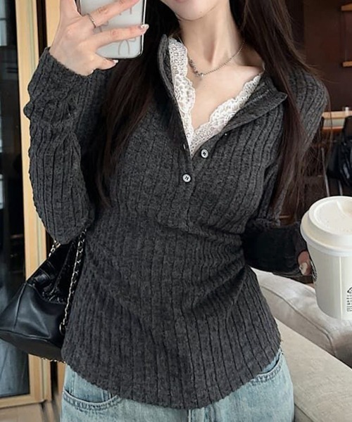 Miniministore(ミニミニストア)の「レース付リブニットトップス Vネック長袖(Tシャツ/カットソー・レディース・チャコールグレー・XL/M/L)」の8枚目の写真