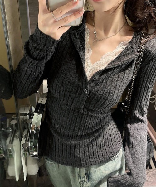 Miniministore(ミニミニストア)の「レース付リブニットトップス Vネック長袖(Tシャツ/カットソー・レディース・チャコールグレー・XL/M/L)」の9枚目の写真