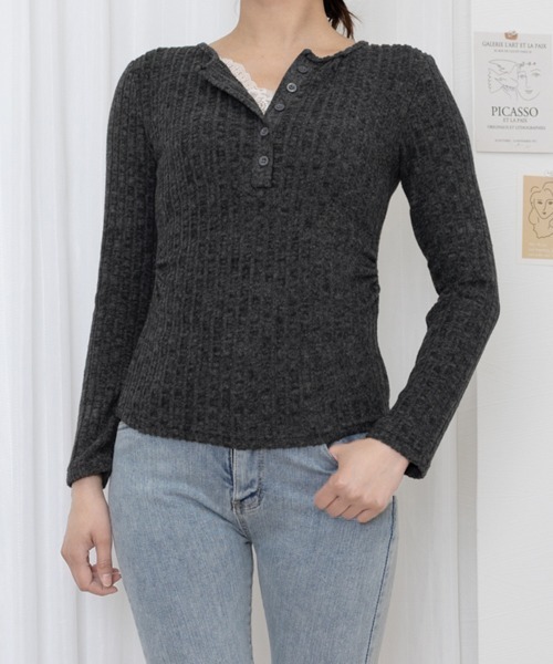 Miniministore(ミニミニストア)の「レース付リブニットトップス Vネック長袖(Tシャツ/カットソー・レディース・チャコールグレー・XL/M/L)」の11枚目の写真