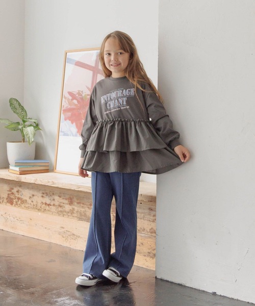 GLOBAL WORK(グローバルワーク)の「ロゴドッキングチュニック/599758(Tシャツ/カットソー・キッズ・アイボリー/サックスブルー/チャコールグレー・130cm/140cm/150cm/160cm)」の4枚目の写真