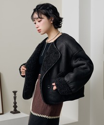 double button boa reversible jacket /ノーカラーダブルボタンボアリバーシブルジャケット