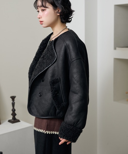 LAULEN（ローレン）の「double button boa reversible jacket /ノーカラーダブルボタンボアリバーシブルジャケット（ノーカラージャケット・レディース・ブラック/アイボリー/ブラウン・FREE）」の12枚目の写真