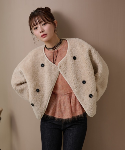 LAULEN（ローレン）の「double button boa reversible jacket /ノーカラーダブルボタンボアリバーシブルジャケット（ノーカラージャケット・レディース・ブラック/アイボリー/ブラウン・FREE）」の18枚目の写真