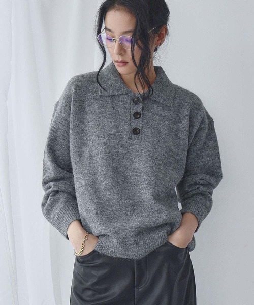 セール】【2025AW】襟付き ミックスニット プルオーバー ポロシャツ