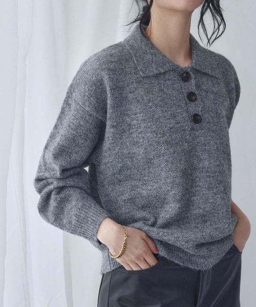 セール】【2025AW】襟付き ミックスニット プルオーバー ポロシャツ