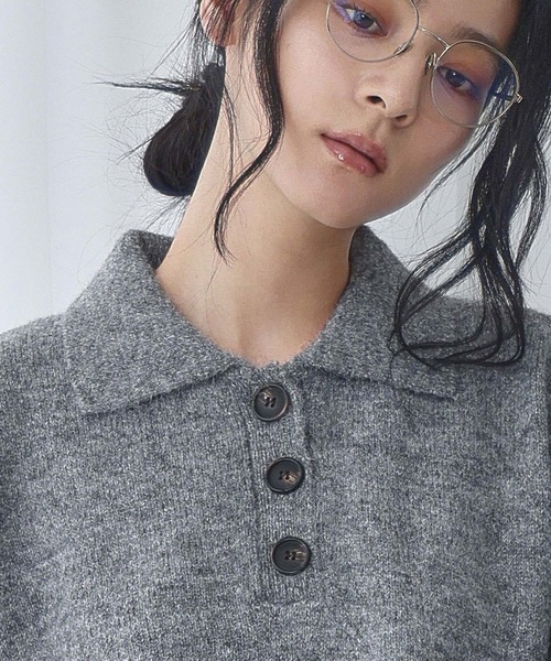 ELFRANK（エルフランク）の「襟付き ミックスニット プルオーバー ポロシャツ ポロニット（ニット/セーター・レディース・カーキ/グレー/ブラウン・FREE）」の4枚目の写真