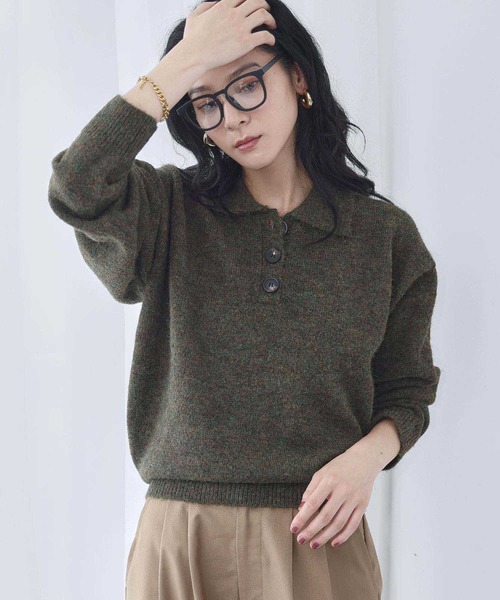 ELFRANK（エルフランク）の「襟付き ミックスニット プルオーバー ポロシャツ ポロニット（ニット/セーター・レディース・カーキ/グレー/ブラウン・FREE）」の5枚目の写真