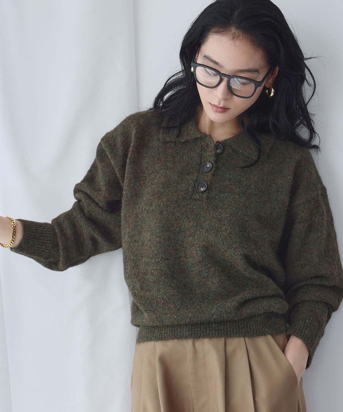 セール】襟付き ミックスニット プルオーバー ポロシャツ ポロニット