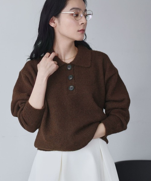 セール】襟付き ミックスニット プルオーバー ポロシャツ ポロニット