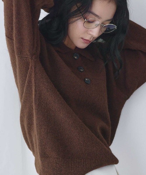 セール】襟付き ミックスニット プルオーバー ポロシャツ ポロニット