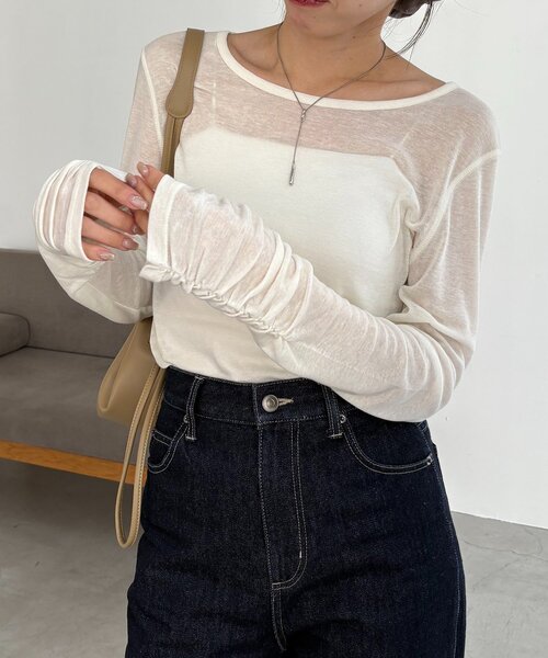 CAPRICIEUX LE'MAGE(カプリシューレマージュ)の「【前後2WAY】テンセルウール袖ギャザーロンT(Tシャツ/カットソー・レディース・グレー/ブラウン/オフホワイト/ブラック・FREE)」の10枚目の写真