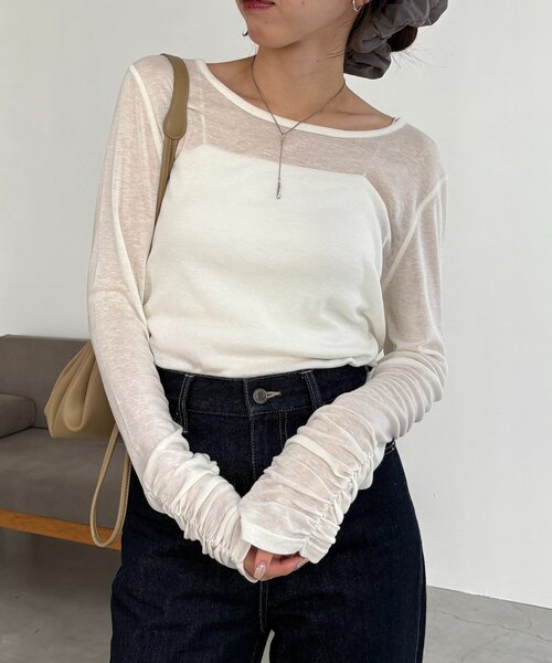 CAPRICIEUX LE'MAGE(カプリシューレマージュ)の「【前後2WAY】テンセルウール袖ギャザーロンT(Tシャツ/カットソー・レディース・グレー/ブラウン/オフホワイト/ブラック・FREE)」の11枚目の写真