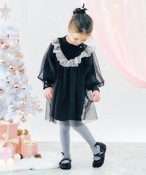 apres les cours（アプレレクール）の「【リンク/ジュニア対応】ベロアチュールワンピース＿アプレレクールマシェリ（ワンピース・キッズ・ブラック/アイボリー・80/90/100/110/120/130/140）」の3枚目の写真