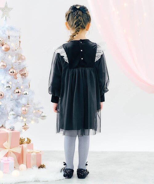 apres les cours（アプレレクール）の「【リンク/ジュニア対応】ベロアチュールワンピース＿アプレレクールマシェリ（ワンピース・キッズ・ブラック/アイボリー・80/90/100/110/120/130/140）」の4枚目の写真
